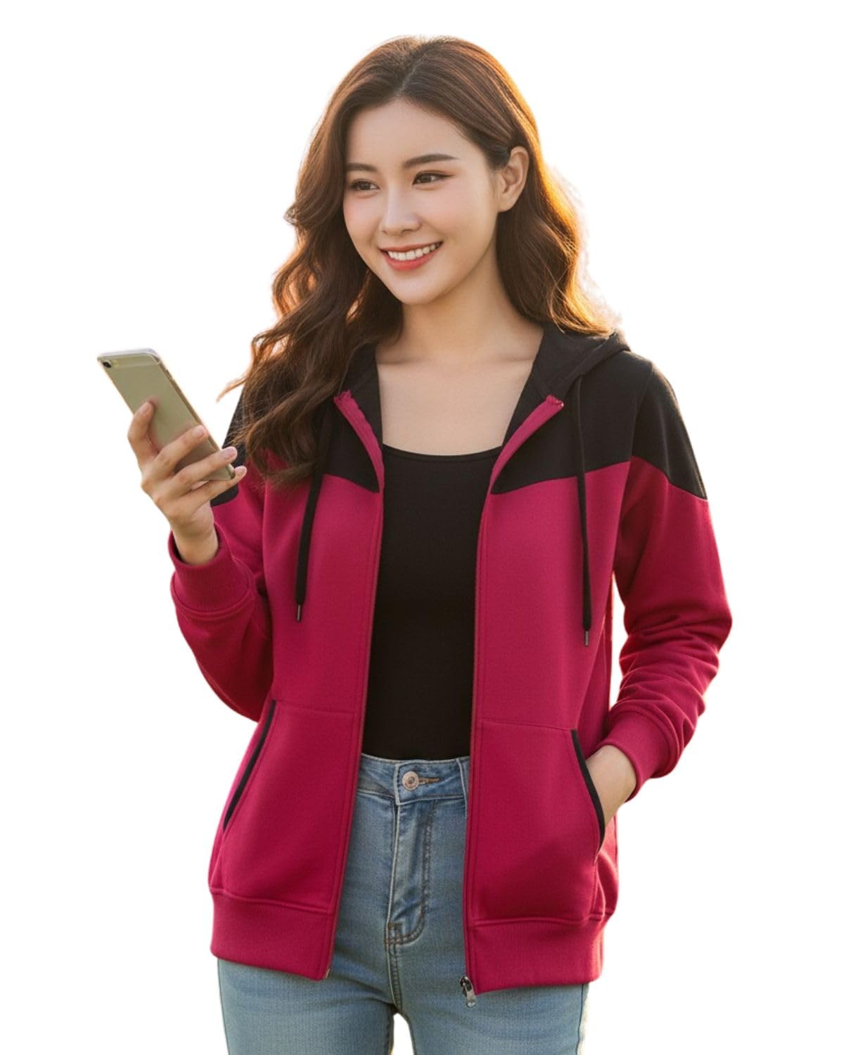 barmanic Womens Fleece Rani Pink Zip-Up Hoodie with Black Shoulder Panel Adjustable Drawstring Hood Full Sleeves and Front Pockets for Winter Wear (M)-picture-46