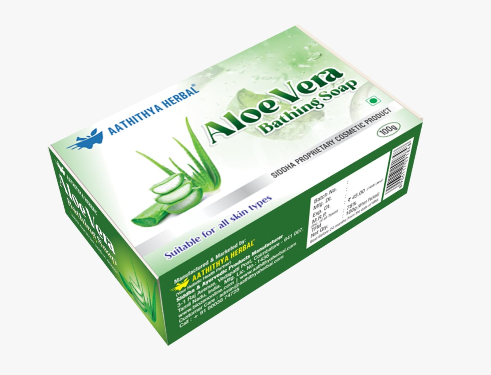 Aathithya herbal ALOE VERA Bathing Soap 100g (Pack of 4) | Natural Oils For Healthy & Protected Skin | Shop Herbal | Natural | Paraben-free & Sulphate-free | 100% Vegan