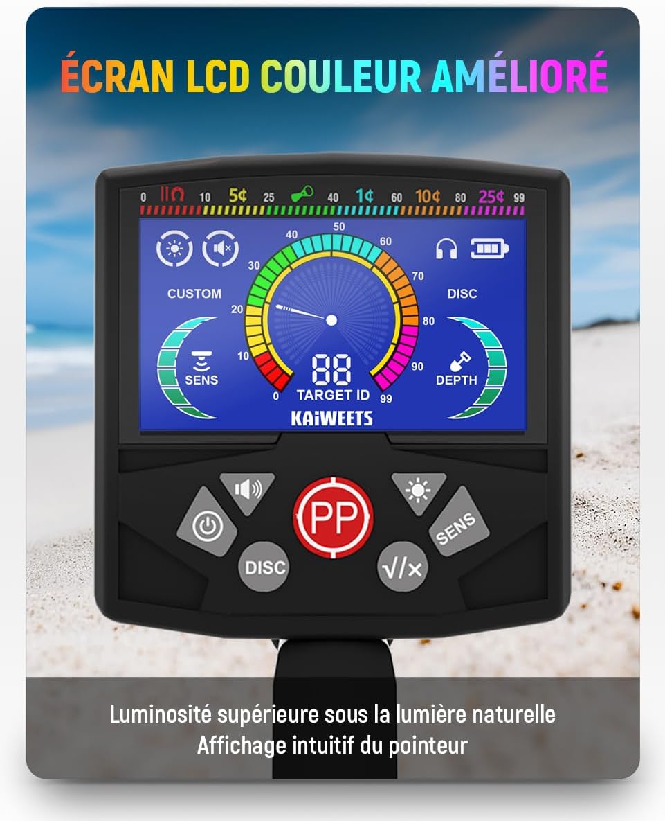 Primo piano dello schermo LCD a colori del metal detector KAIWEETS