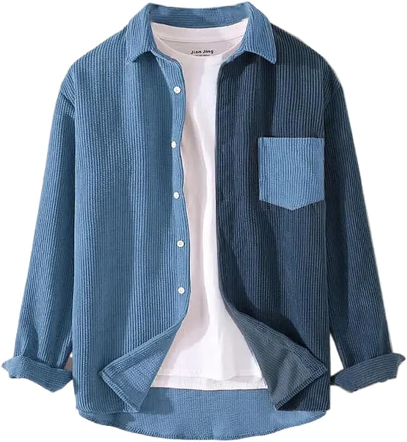 Corduroy Patchwork Shirt Casual Collar Button Long Sleeve for Men Streetwear Men' Clothing Top