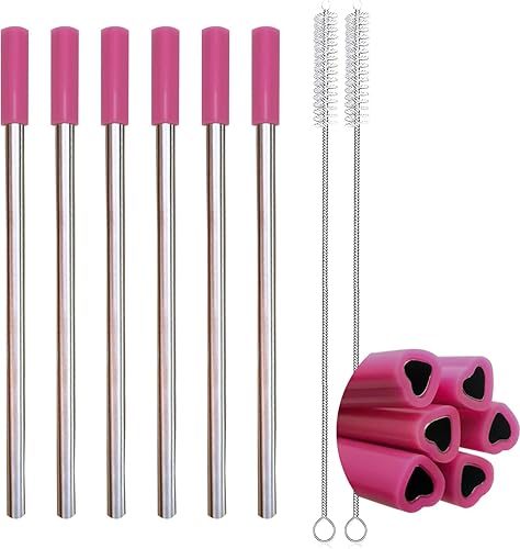 Amsthow Bonitas pajitas de metal, 6 pajitas en forma de corazón, pajitas de metal con punta de silicona y cepillos de limpieza para batidos, beber