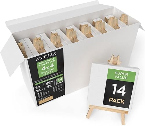 ARTEZA Lienzos pequeños con caballetes, 4 x 4 pulgadas, paquete de 14, lienzo blanco estirado blanco para pintura acrílica, óleo y gouache