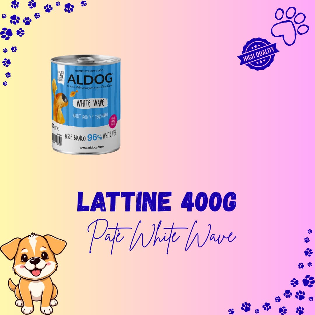 Cane Aldog Lattine di Umido per Cani, alimento per cani adulti di tutte le taglie e razze, N. PATE ALDOG WHITE WAVE, 6 lattine da 400gr, 6x400gr.