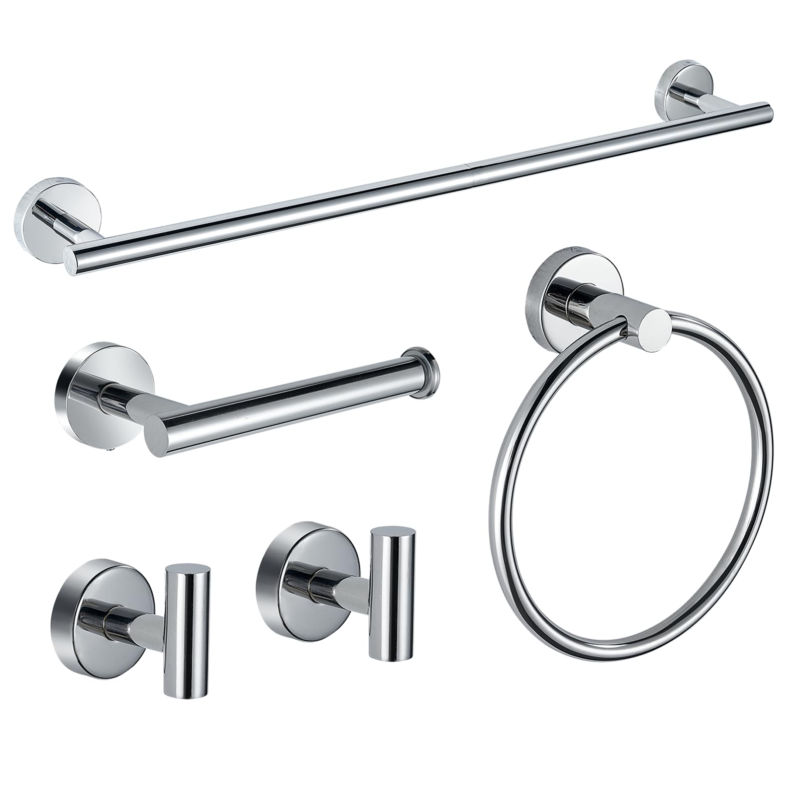 Chrome Bathroom Hardware Set, 5-Piece SUS304 Stainless Steel 24 Inch Towel Bar, Toilet Paper Holder, Towel Ring, Robe Hooks, Screw Wall Mounted Bath Accessories for Modern Bathroom