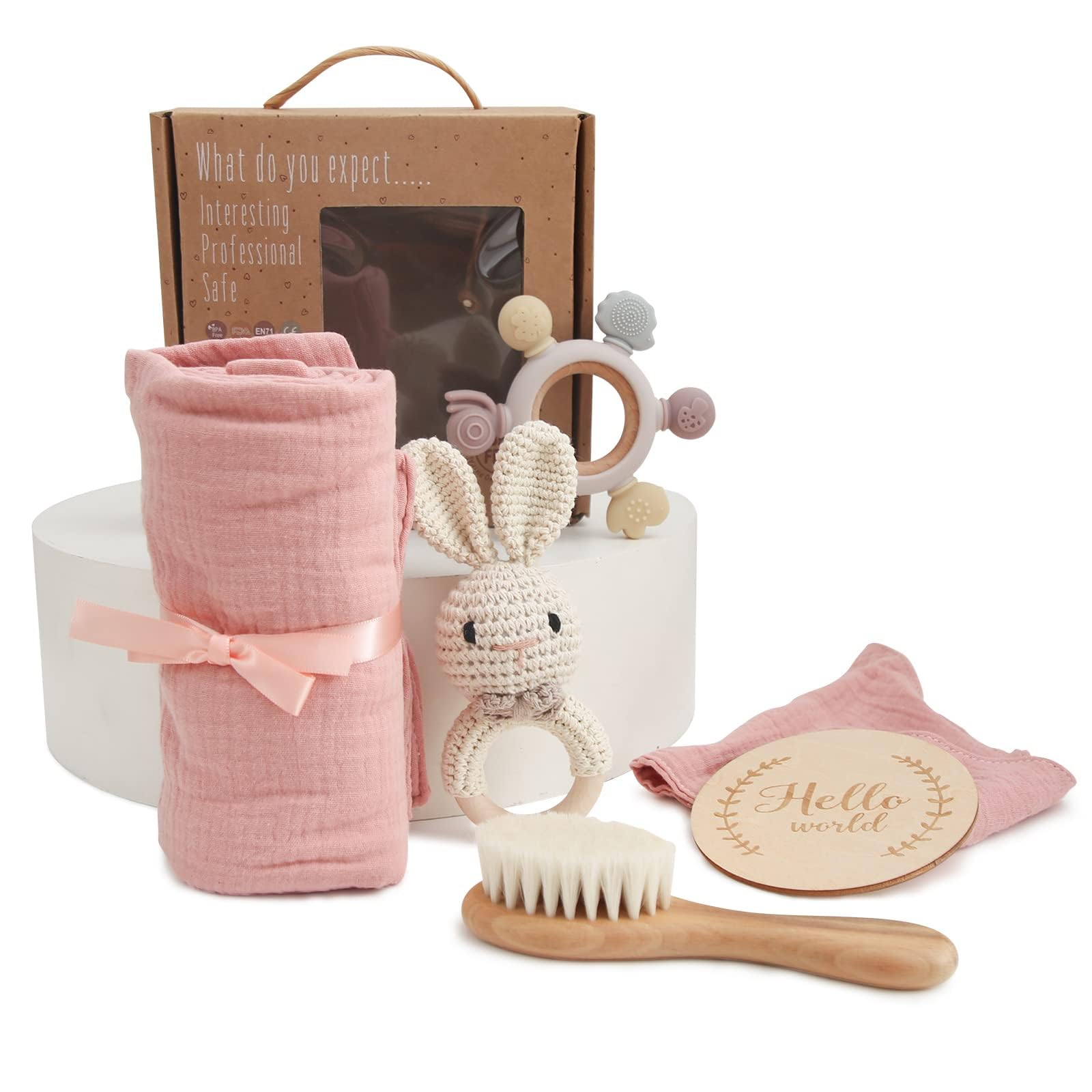 Baby Geschenk Mädchen, Neugeborenen Geschenk zur Geburt Junge Babyparty Geschenk Holz Spielzeuge Greiflinge Badetuch Meilenstein Babydecke Foto Requisten