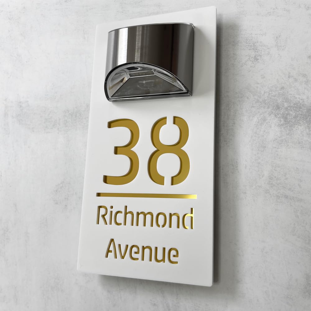 House Numbers Plaques With Solar Light House Numbers Door Signs Personalised Door Number For Wall Name Outside (White and Mirror Gold)
