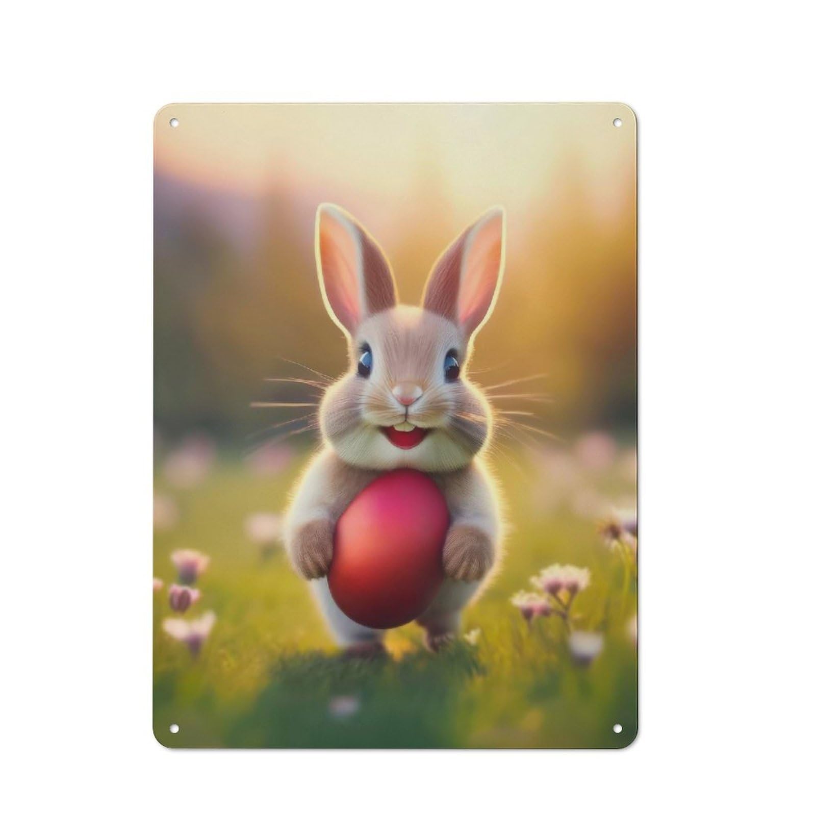 Junmoney Style-5 Easter Bunny With Red Egg Rustic Metal Sign 40X30cm For Garden Room Or Summerhouse, For Themed Interiors In Garden Rooms And Summerhouses
