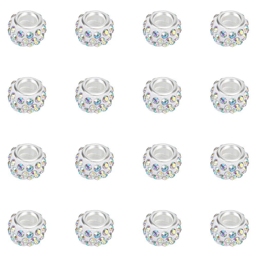 NBEADS100pcs Crystal AB Color Pave Crystal Clay Beads, Rhinestone Large Hole European Charms Beads fit Bracelet Jewelry Making
