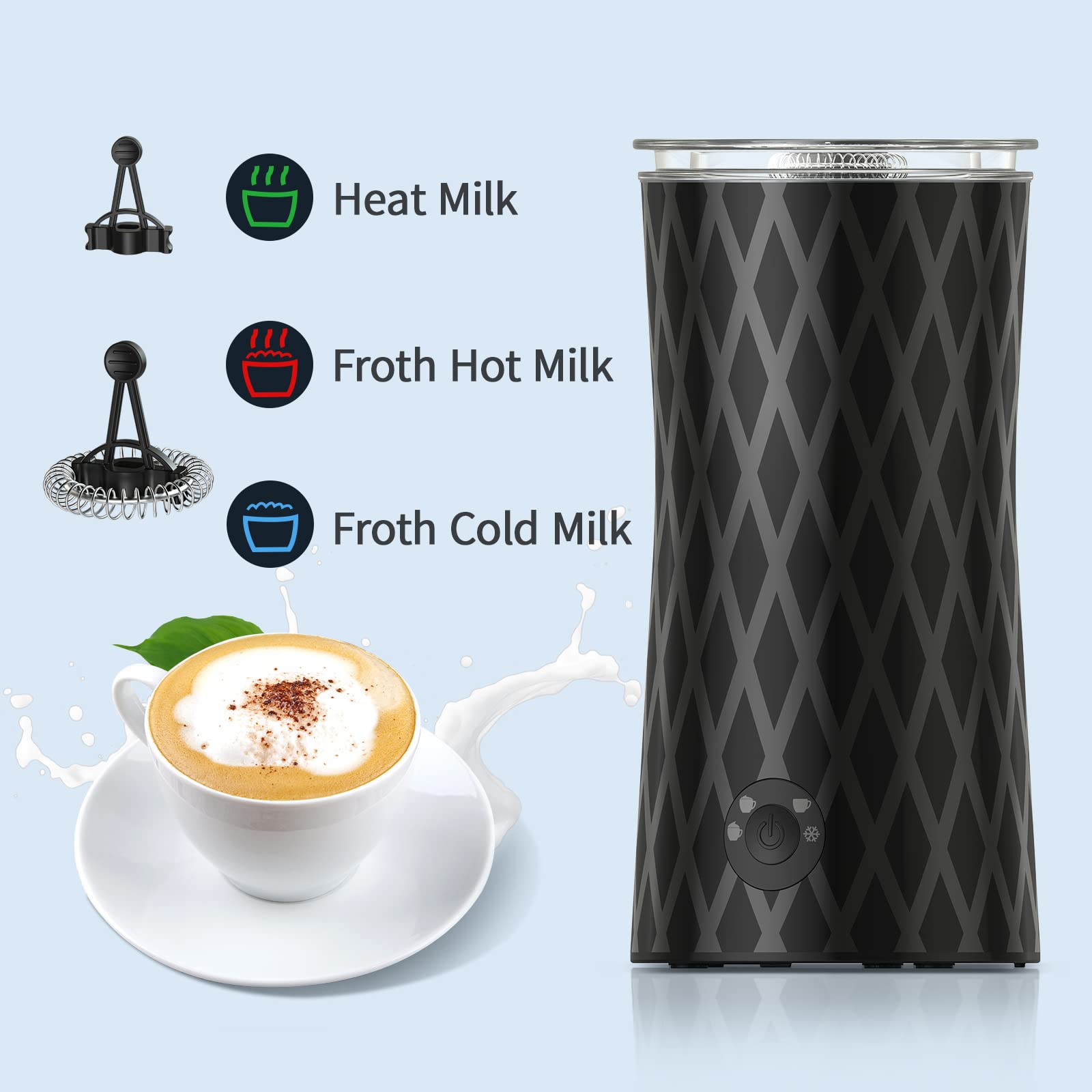 APTMAPT Melkopschuimer, elektrisch, 500 W, 4-in-1 melkopschuimer, automatisch, 350 ml, warme en koude melkopschuimer voor koffie, latte en cappuccino, zwart