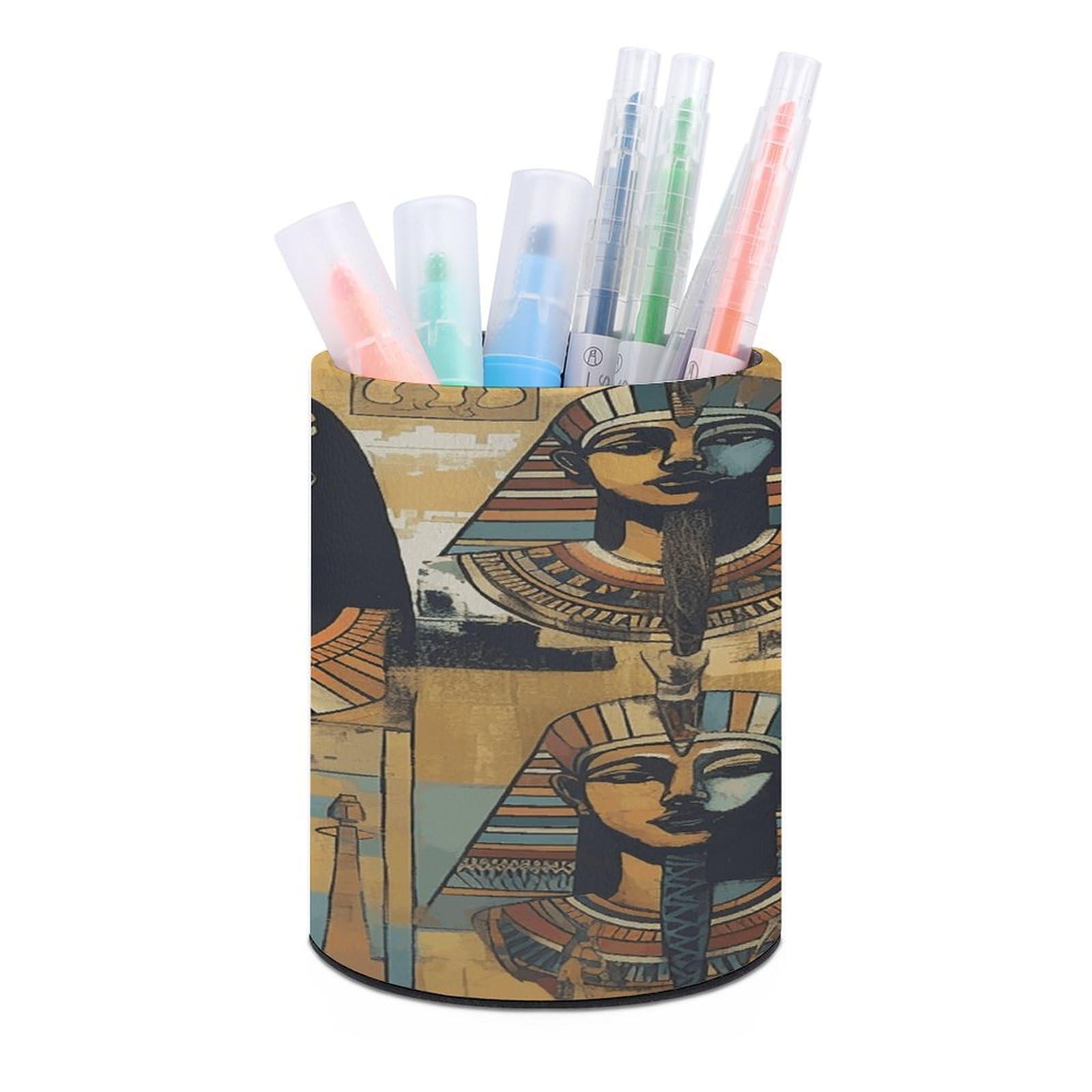 FekiLoot PU Leather Round Pen Holder Ancient Egypt Tribe Series Pencil Holder Desk Organizer Pen Organizer Pen Cup Pencil Cup Caddy Desktop Stationery Organizers for Office Home Supplies