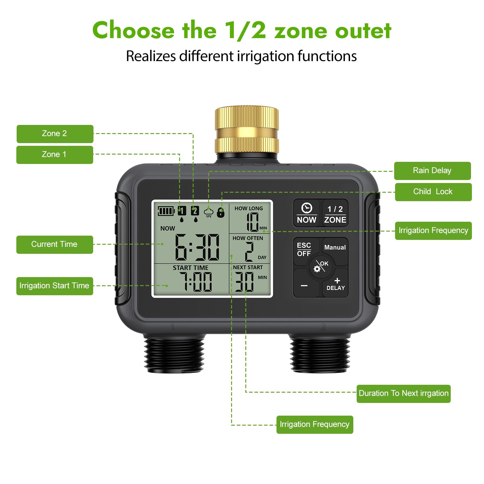 RIOGOO Temporizadores de Grifo para Manguera de jardín Exterior, Temporizador programable para aspersores con retardo por Lluvia (2 Outlet Water Timer)