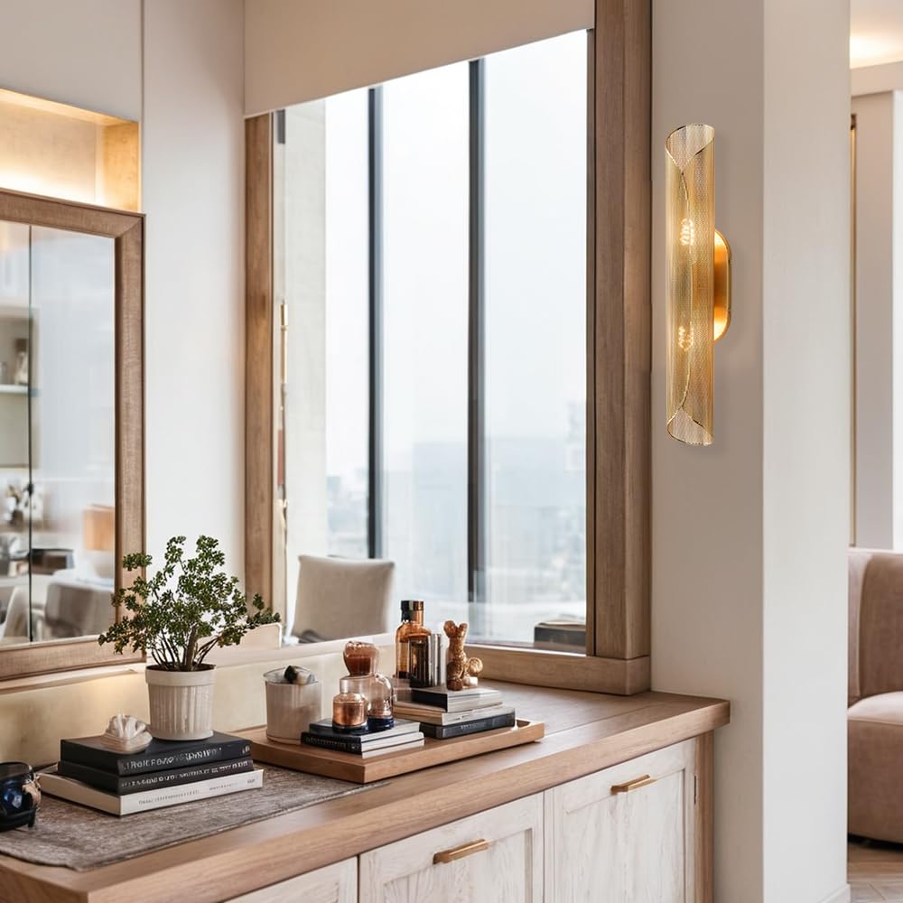 Modern Aged Brass Curved Rounded Perforated Metal Canopy Double Wall Sconce, Hand-Made Wall Mounted Light Beside Mirror, Wall Light for Hallway, Bedroom, Living Room