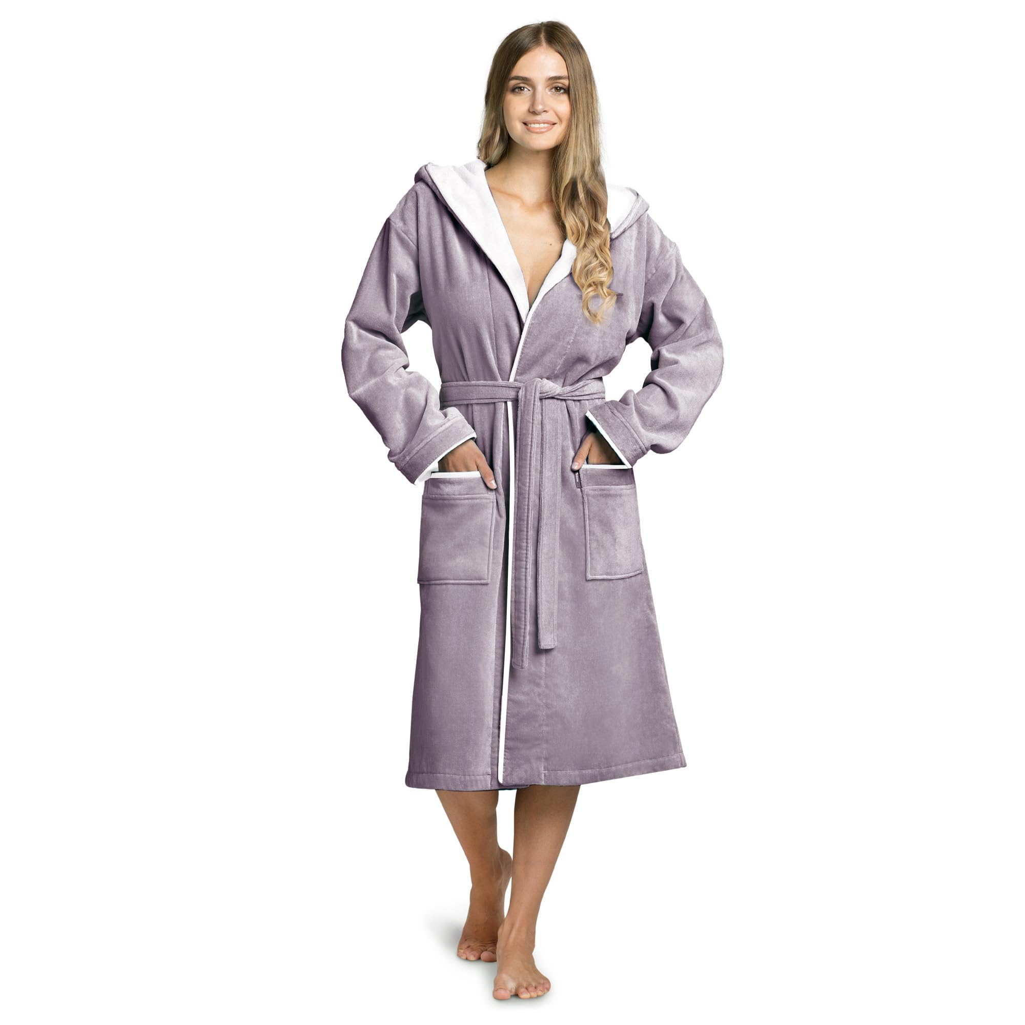 Twinzen Women's Bathrobe - 100% Cotton Terry Velour with Hood, Oeko-Tex Certified, Soft and Comfortable