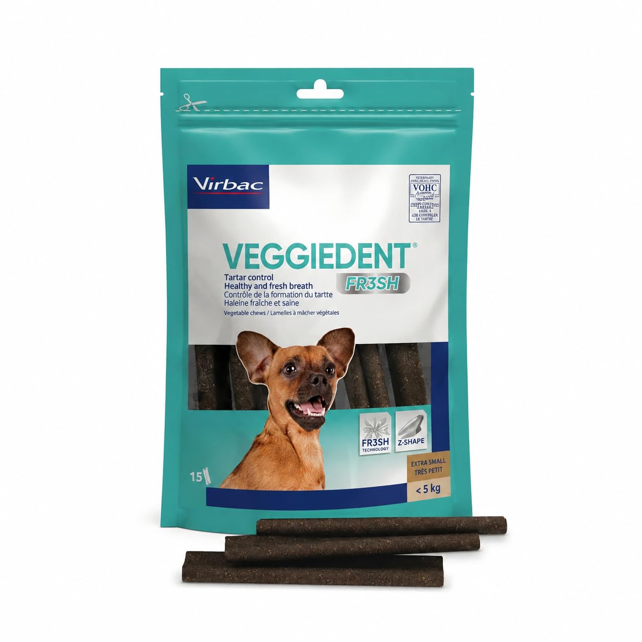 Virbac Veggiedent FR3SH XS 2 Confezioni da 15 Stick Dentali per Cani sotto 5 kg, Snack Vegetale per Igiene Orale, Controllo Placca e Tartaro, Alito Fresco