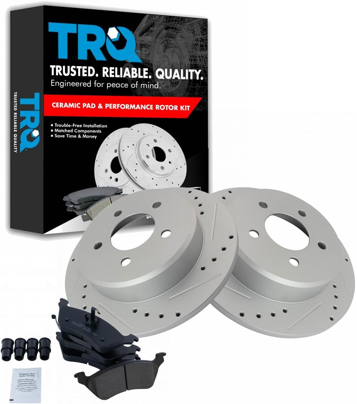TRQ Rear Brake Pad and Rotor Set Ceramic Coated Drilled Slotted Compatible with 2001-2007 Chrysler Town & Country Dodge Caravan Grand Caravan