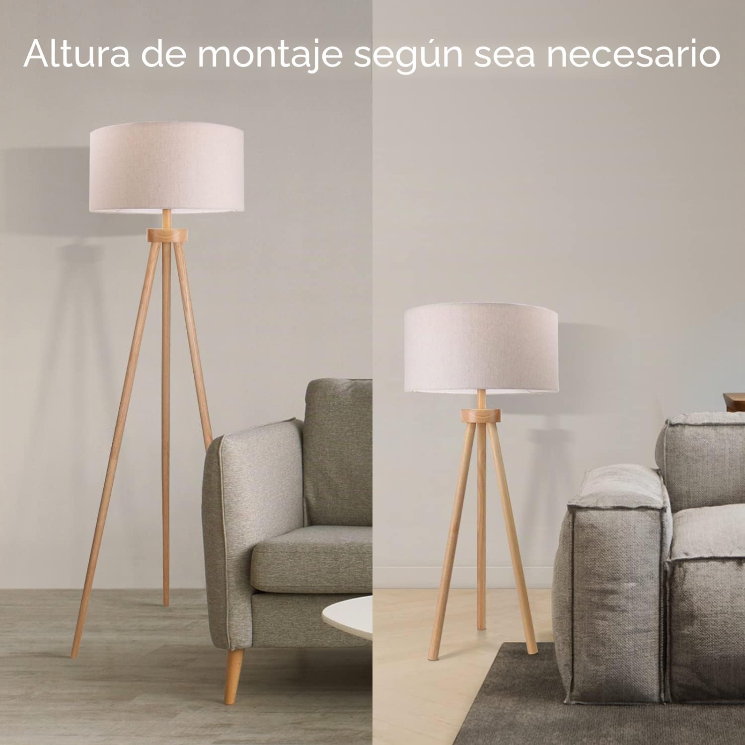 Aigostar Lampara de Pie Salon E27 Retro de Madera Trípode, 2pcs, Sin Bombilla (Max.60W), Pantalla de Lino e Interruptor de Pie, Cable 180 cm, Madera Maciza, Estilo Nórdico