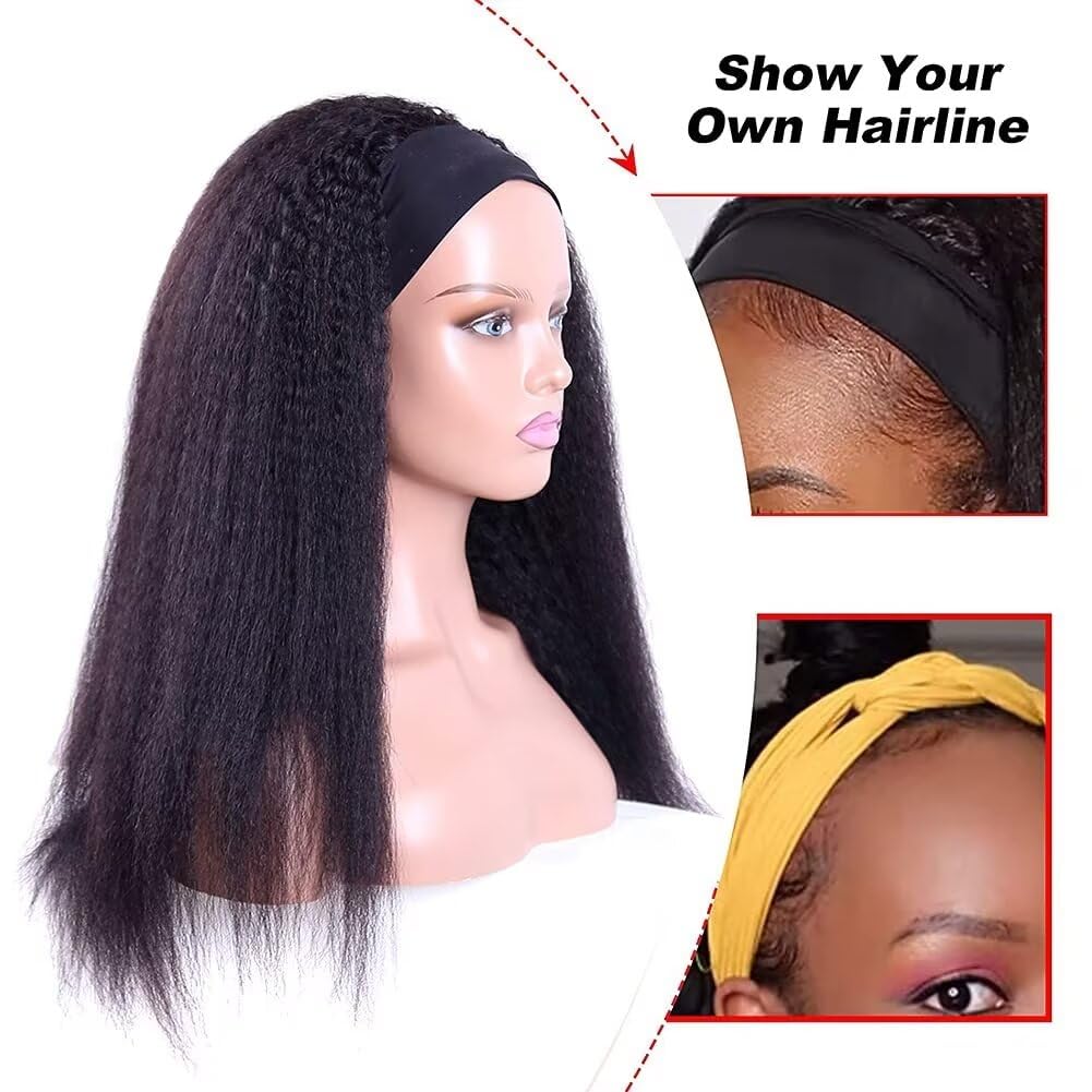 Headband Wig For Women Kinky Straight Headband Wigs Human Hair 26 Inch Yaki Straight Human Hair Wigs With Headband Brazilian Virgin Hair Wear And Go Glueless Wigs Human Hair Long Half Wig - Image 4