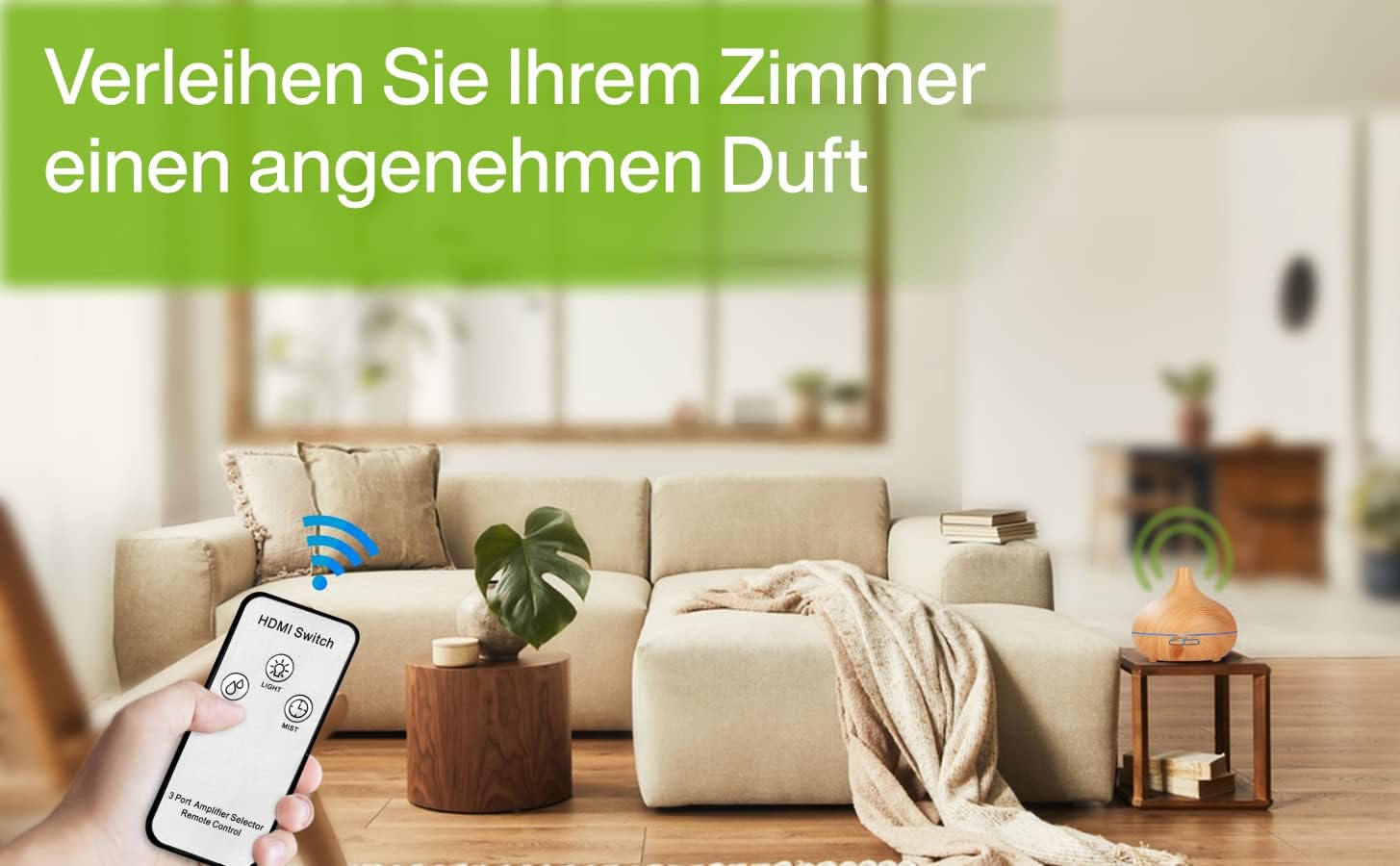 O'DOR Aroma Diffuser in a living room with a remote control
