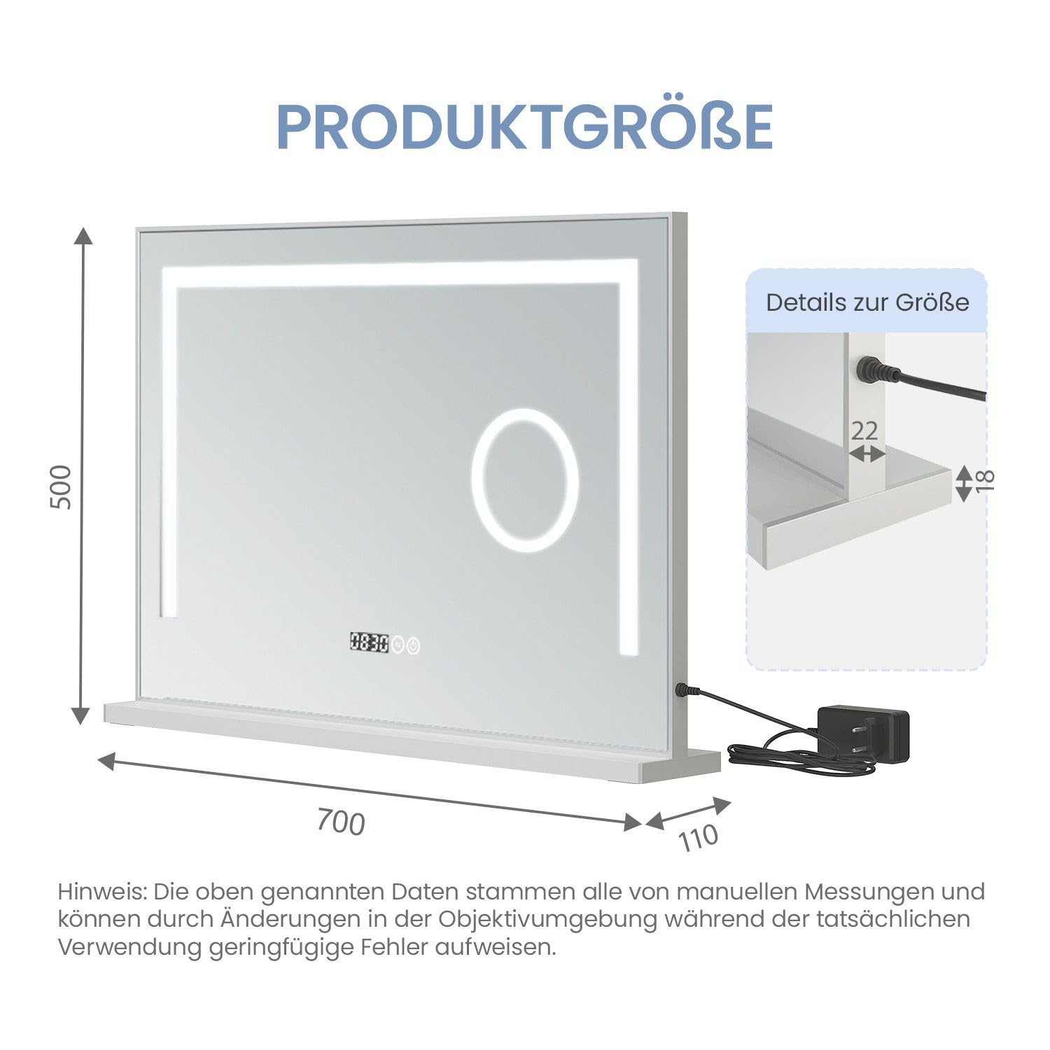 Hollywood Spiegel 70x50cm Schminkspiegel Kosmetikspiegel Kosmetikspiegel beleuchtet mit Led Beleuchtung Vergrößerung Licht,Digital Uhr,dimmbar,3 Lichtfarben,3xVergrößerung,Touch Schalter,Alurahmen