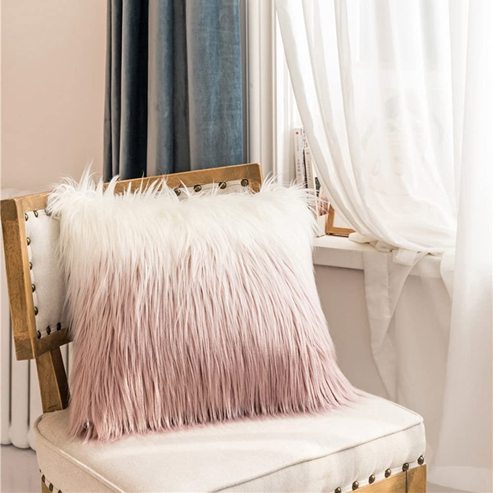 MiDuoHU Gradient Faux Fur Cushion Covers, Decorative Fluffy Throw Pillow Cover Square Pillowcases 50X50cm for Sofa Couch Bedroom Livingroom(Pink+White)