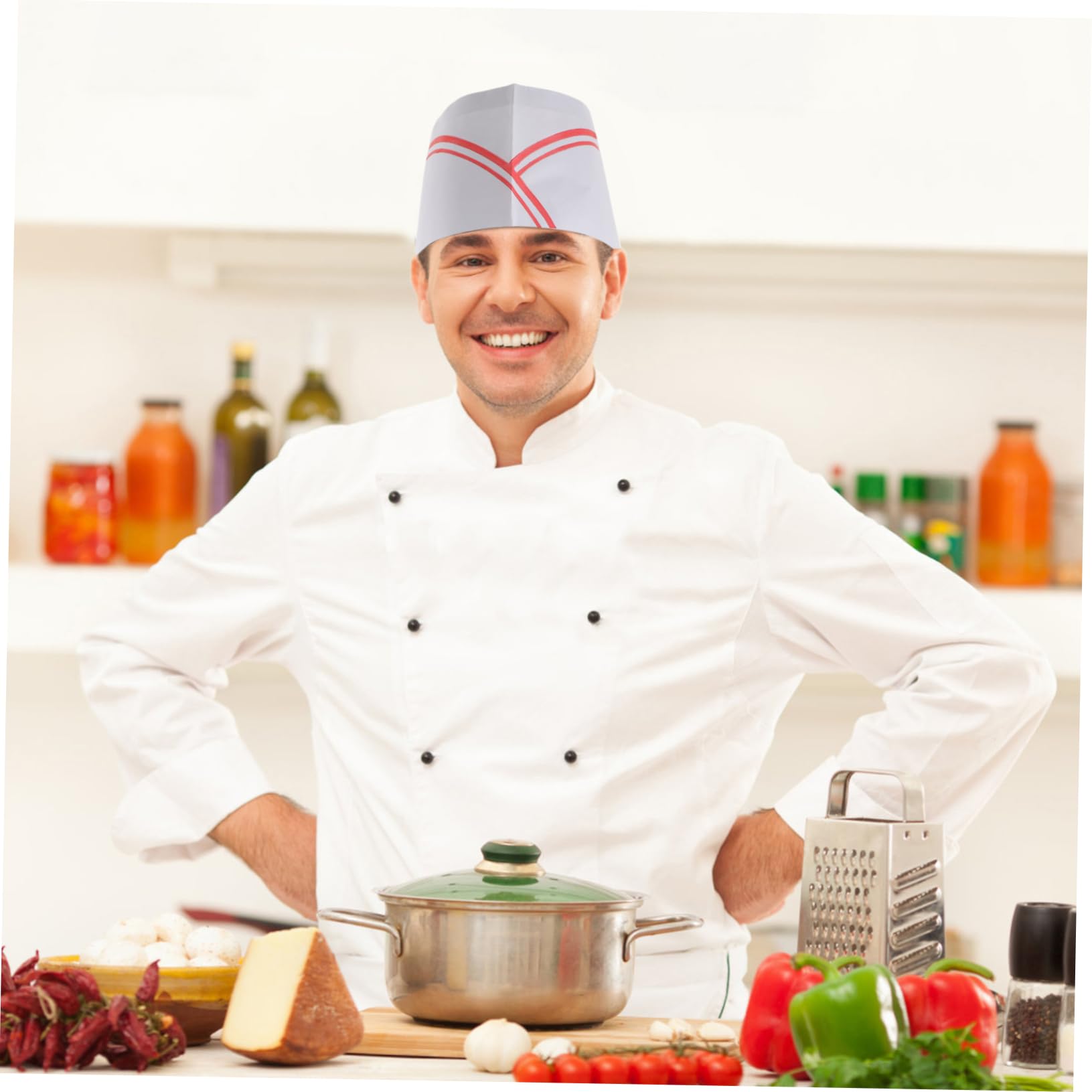 TOVINANNA 40Pcs Disposable Chef Hats for Adults Lightweight Headgear with Blue Trim Comfortable Kitchen Accessories for Cooks and Bakers Fits for Catering Schools