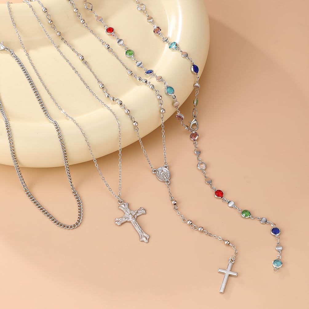 Layered Gold Long Cross Pendant Necklace, Delicate Boho Colorful Crystal Bead Y Choker Necklaces Silver Dainty Tassel Party Vacation Jewelrys for Women