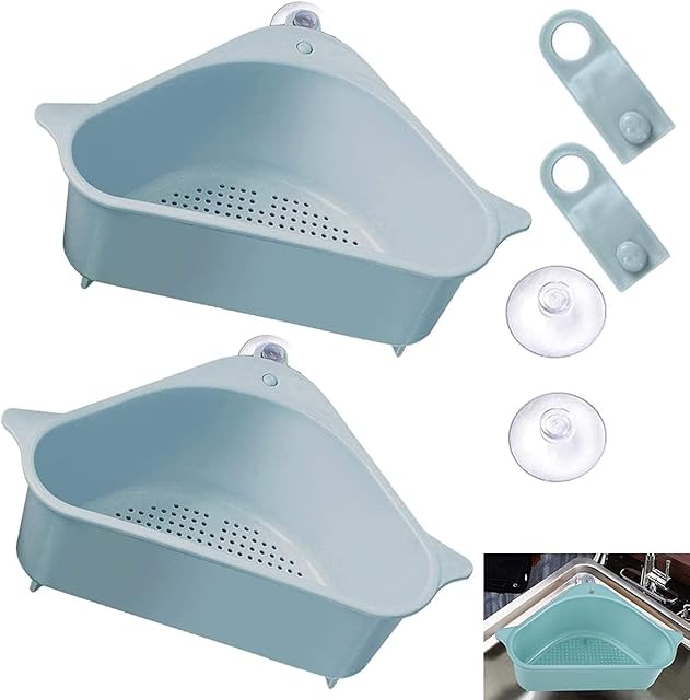 Sink Strainers Basket, 2Pcs Sink Drain Shelf Triangular Corner Kitchen Sink Strainer Ink Storage Holder with Suction Cup for for Kitchen Bathroom (Blue)