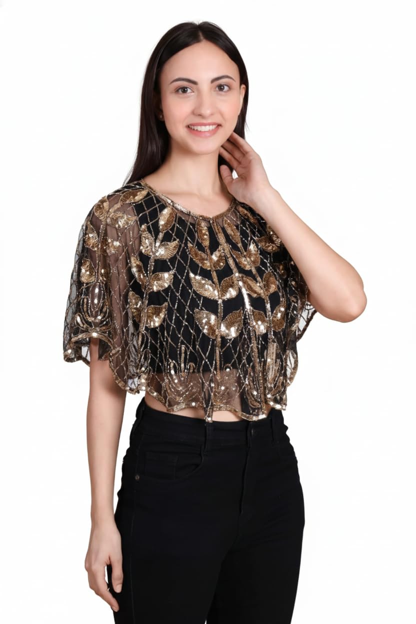Women’s Sequin Embellished Sheer Cape Poncho Top | Crop Overlay with Golden Leaf Design | Lightweight Mesh Cape for Dresses & Western Outfits-picture-12