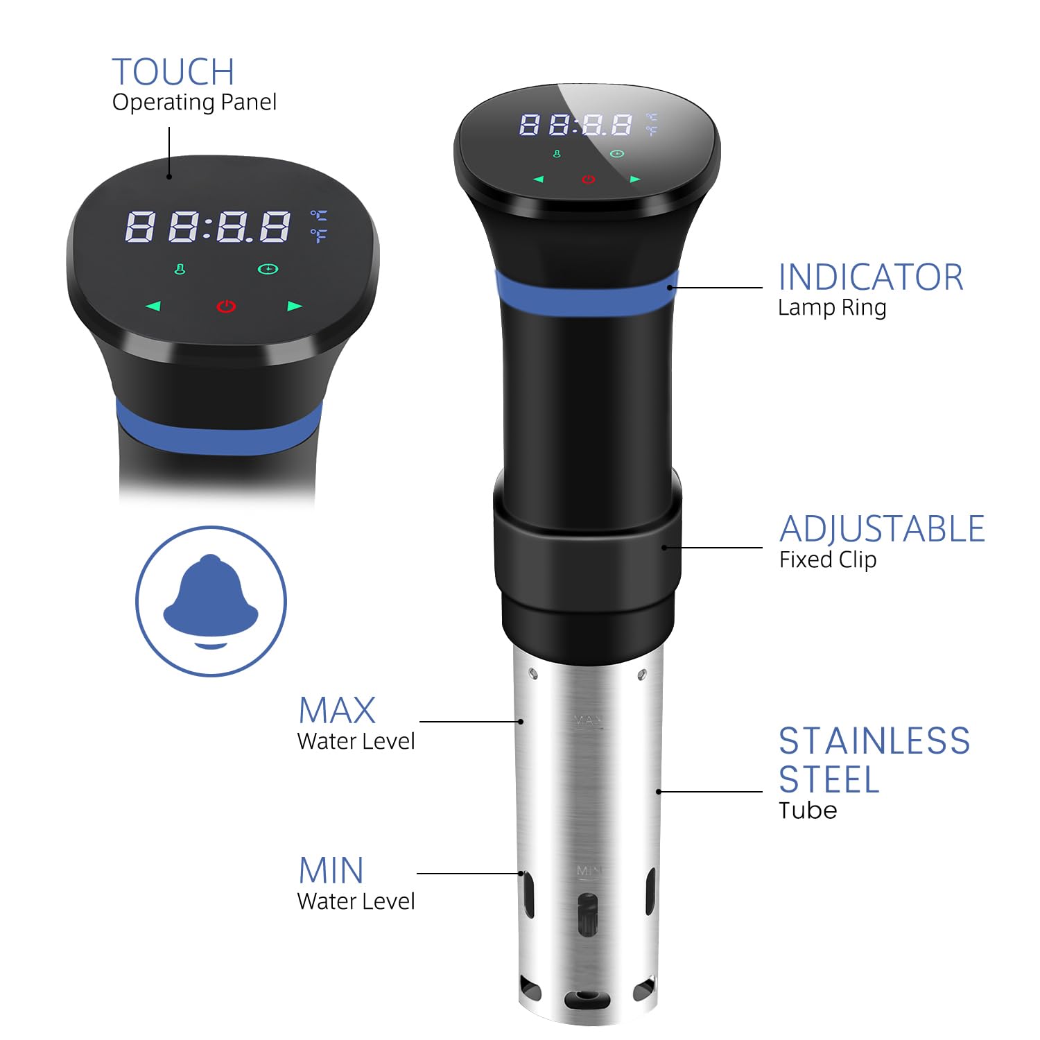 Cuiseur sous vide en acier inoxydable, mijoteuse avec écran tactile LED, 1000 W, réglage précis de la température et minuterie, livre de recettes, gris (réutilisable)