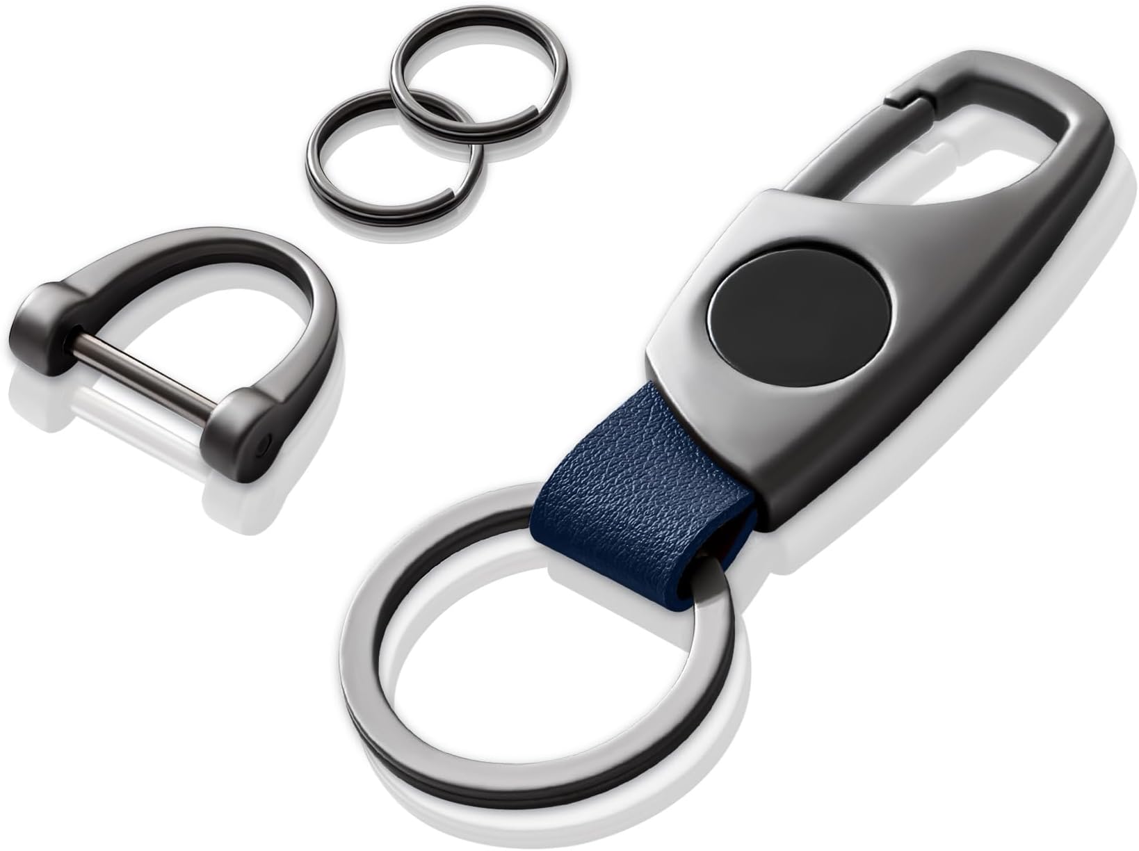 Gkeygo Carabiner Keychain, Key Chains for Car Key with 2 Key Rings and Anti-Lost D-Ring, Multifunctional Keychains for Men and Women โ Grey(Blue Leather)