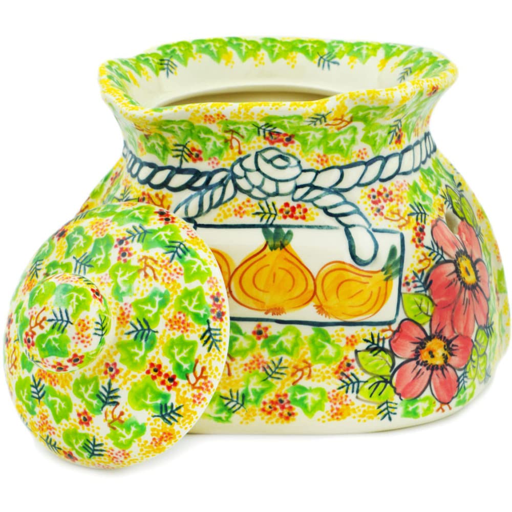 Polish Pottery 8¾-inch Garlic and Onion Jar (Wild Peonies Theme) Signature UNIKAT + Certificate of Authenticity