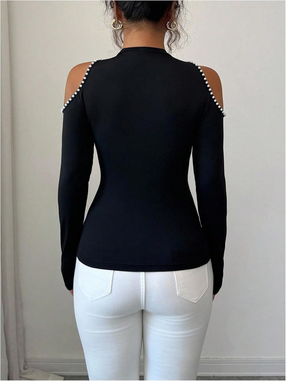SOLY HUX Women's Cold Shoulder Long Sleeve T Shirts Pearl Slim Fitted Elegant Office Tops - Image 2