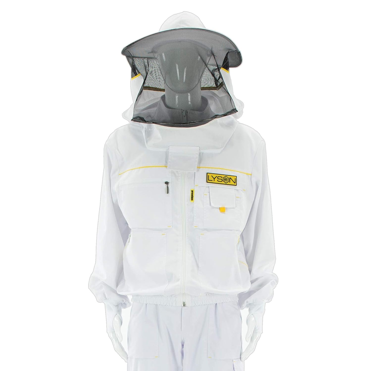 LYSON Imkerbluse mit abnehmbarem Hut/Imkerjacke mit Handstulpen mit Daumenloch Unisex Imkerbluse belüftet Professionelle Imkerbekleidung, Imkerjacke mit Reißverschluss PREMIUM (S, Weiß)