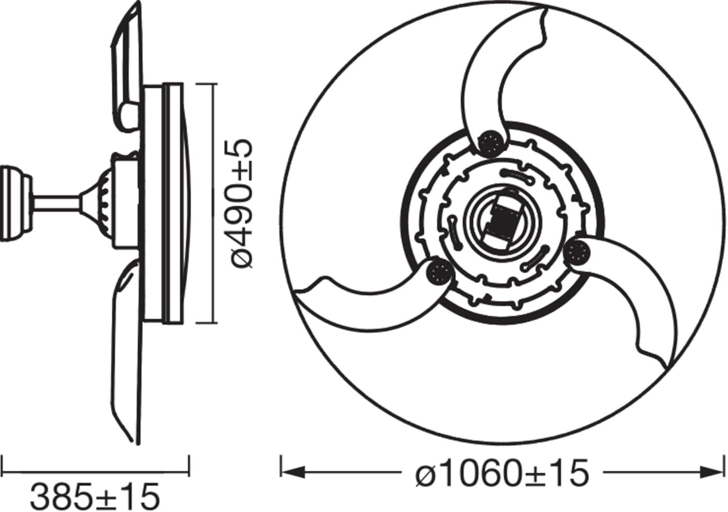 Technical drawing with dimensions of the OSRAM Retractable Ceiling Fan 1070, showing side and top views.