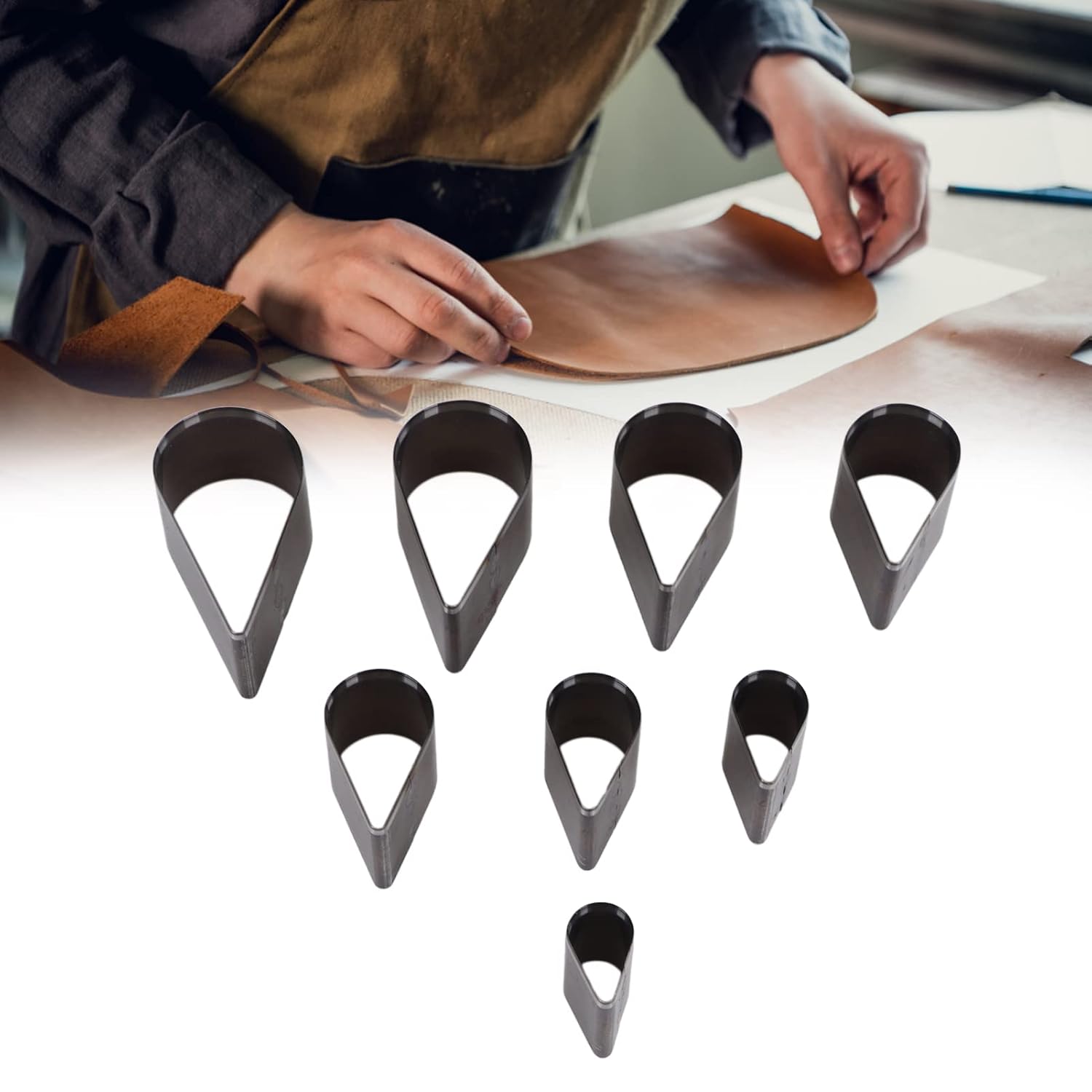 Leather Cutting Dies, Premium Alloy Steel Teardrop Shape Hollow Punch Set with 8 Sizes for DIY Crafting and Jewelry Making