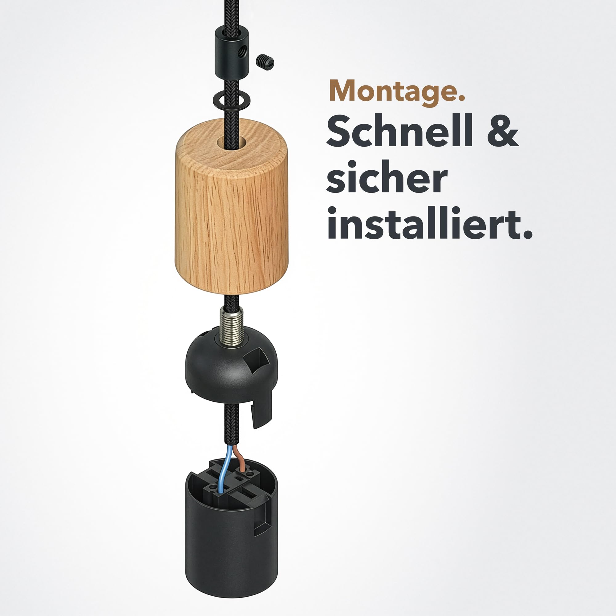 ledscom.de 6 pièces E27 Douille de lampe KIVO en bois véritable, décharge de traction, douille de lampe suspendue DIY, 230V AC, max. 60W
