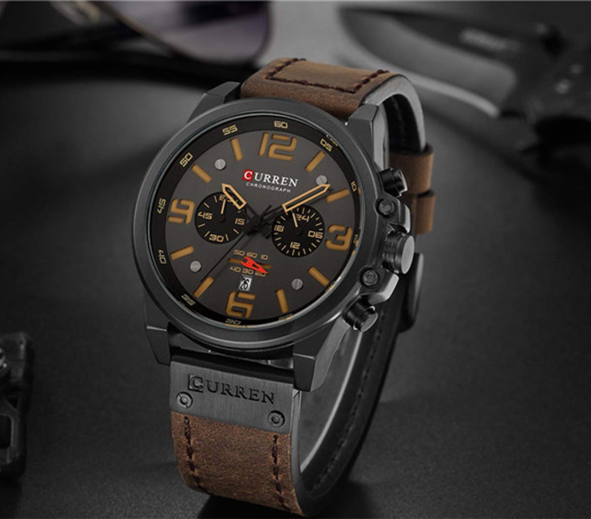 Gosasa Men Sport Chronograph Quartz Watch Brown Leather Strap Date 30M Waterproof Military Male Wrist Watch