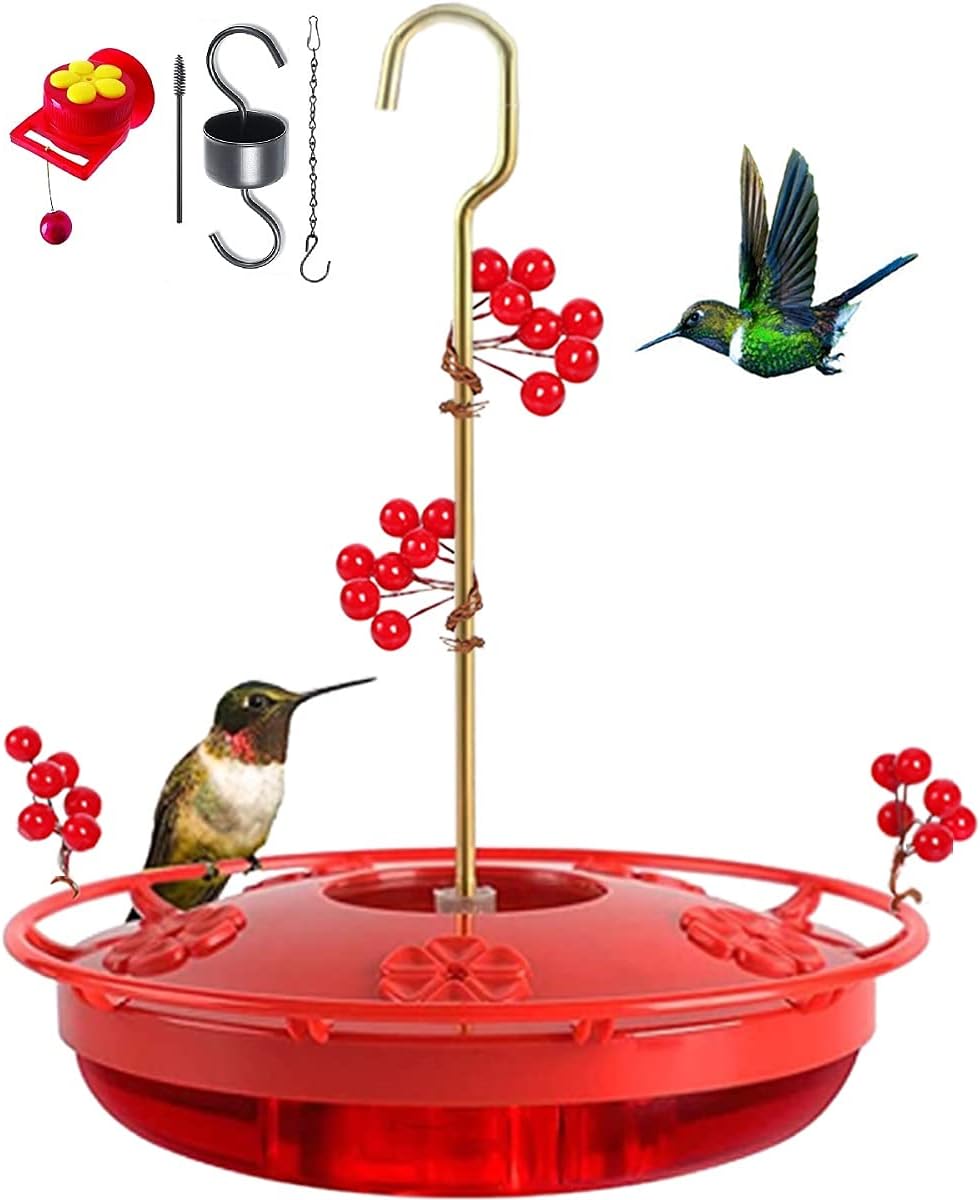 JEZWX Hummingbird Feeders for Outdoors Hanging Outside Handhold Window Humming Bird Station Top Fill with Red Berries Ant Moat Bee Guard 12oz