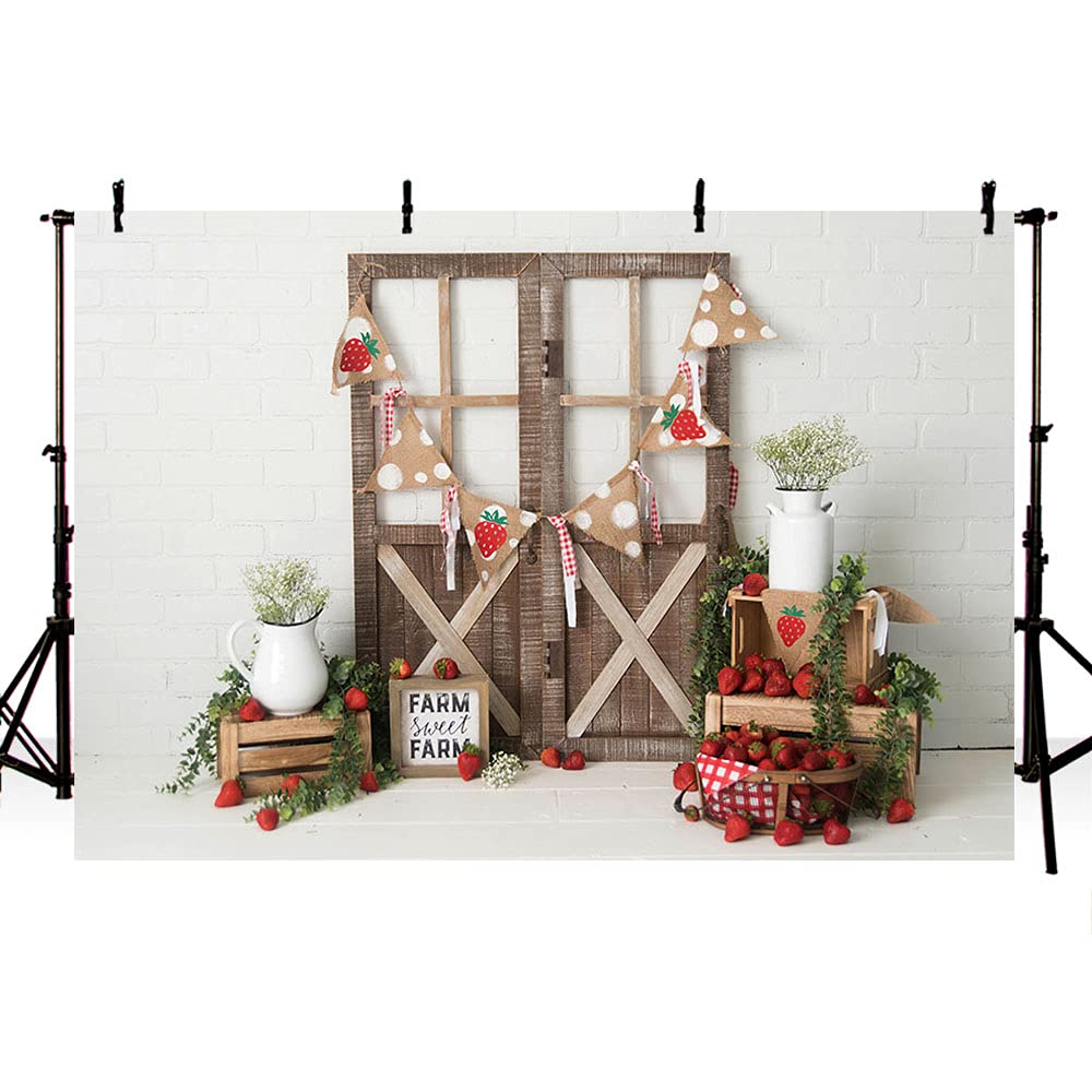 MEHOFOND Strawberry Girl Birthday Party Photo Background Banner Berry Sweet Girl 1st One Birthday Vintage Door White Brick Wall Red Fruits Portrait