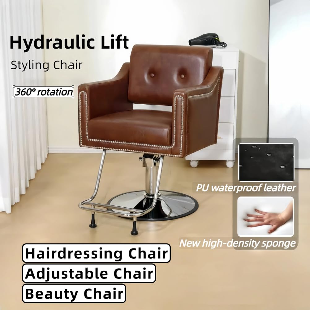 Fotel Fryzjerski, Hydrauliczny Fotel Fryzjerski, Hydrauliczny PodnośNik Z Obrotem O 360°, WyposażEnie Salonu Kosmetycznego, SkóRzany I Nitowany,Beige