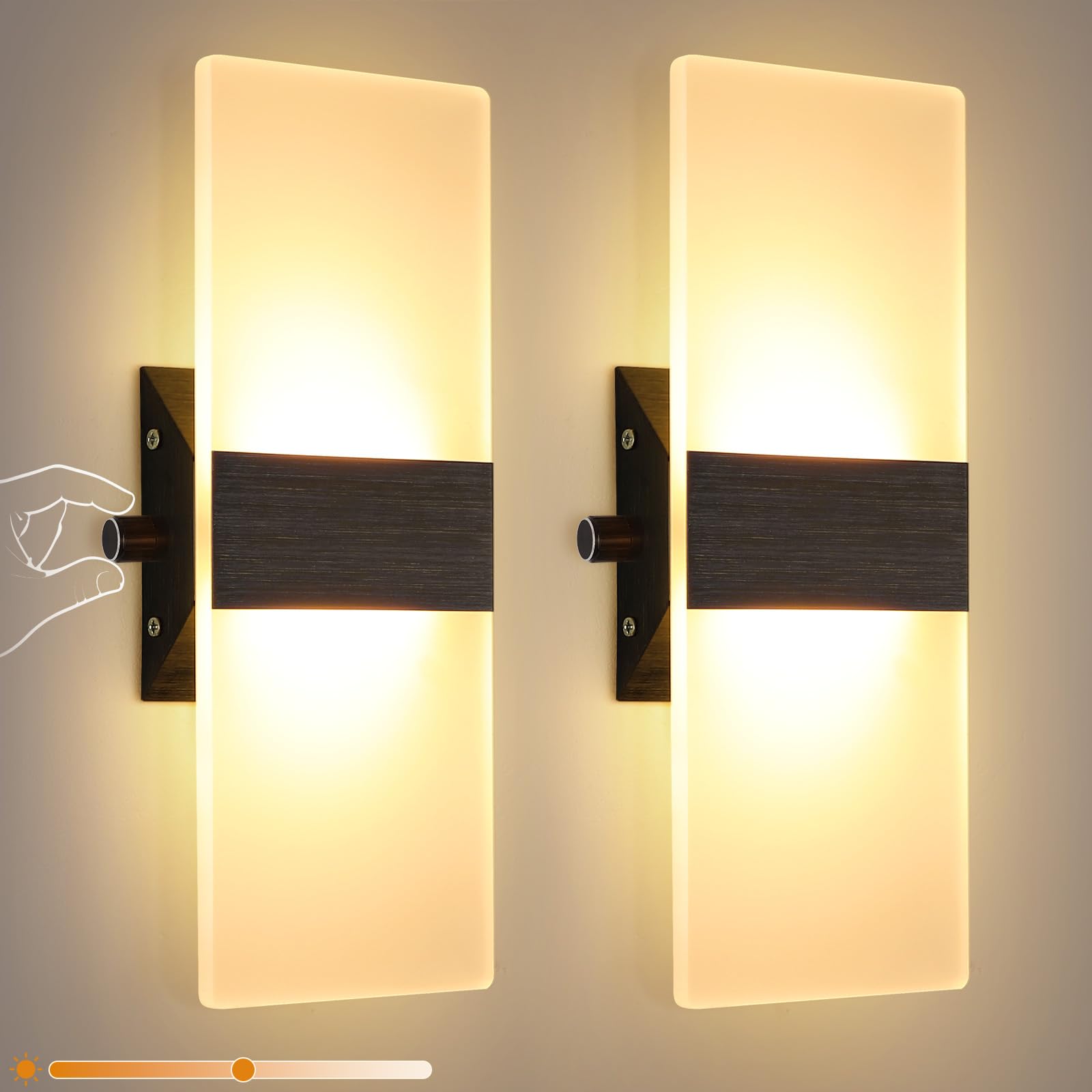 2 Stück Wandlampe mit Schalter Dimmbar Wandleuchte Innen Acryl | 12W 3000K LED Wandleuchte Für Treppenhaus Flurlampe Wand Wandlampe Schlafzimmer, 29CM, Warmweiß, Schwarz