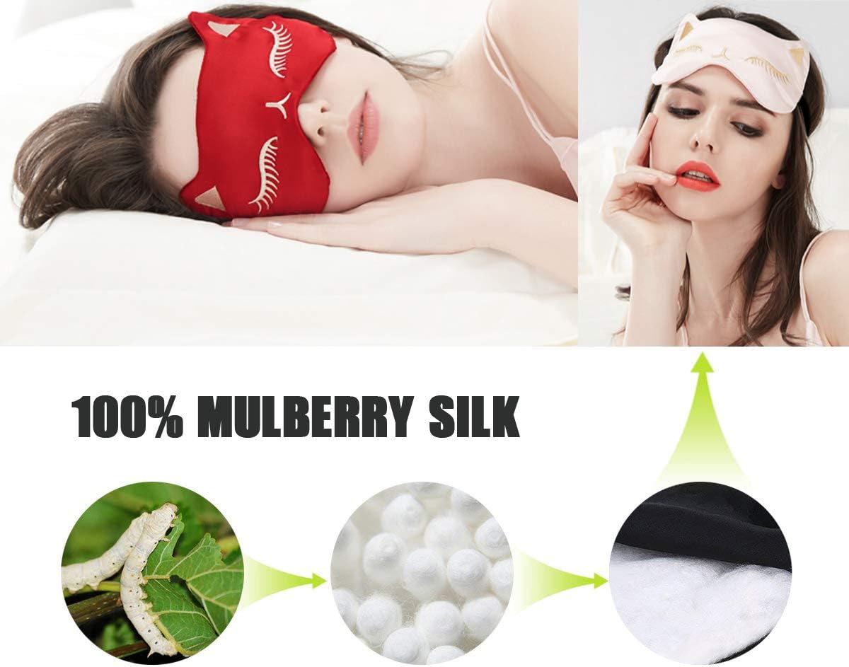 Sleep Mask 2 Pack, Natural Silk Sleep Mask Blackout Cat Eye Mask, Smooth Soft Eye Covers, with Adjustable Straps for Women, Men, Travel, Nap, Shift Work