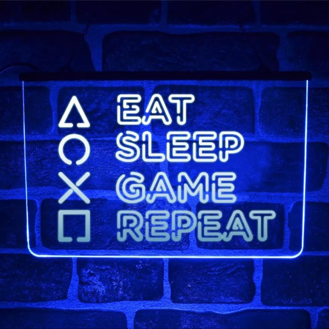 Eat Sleep Game LED Neon Light Up Sign | Multicolour Hanging USB Plaque For Gaming Room or Man Cave