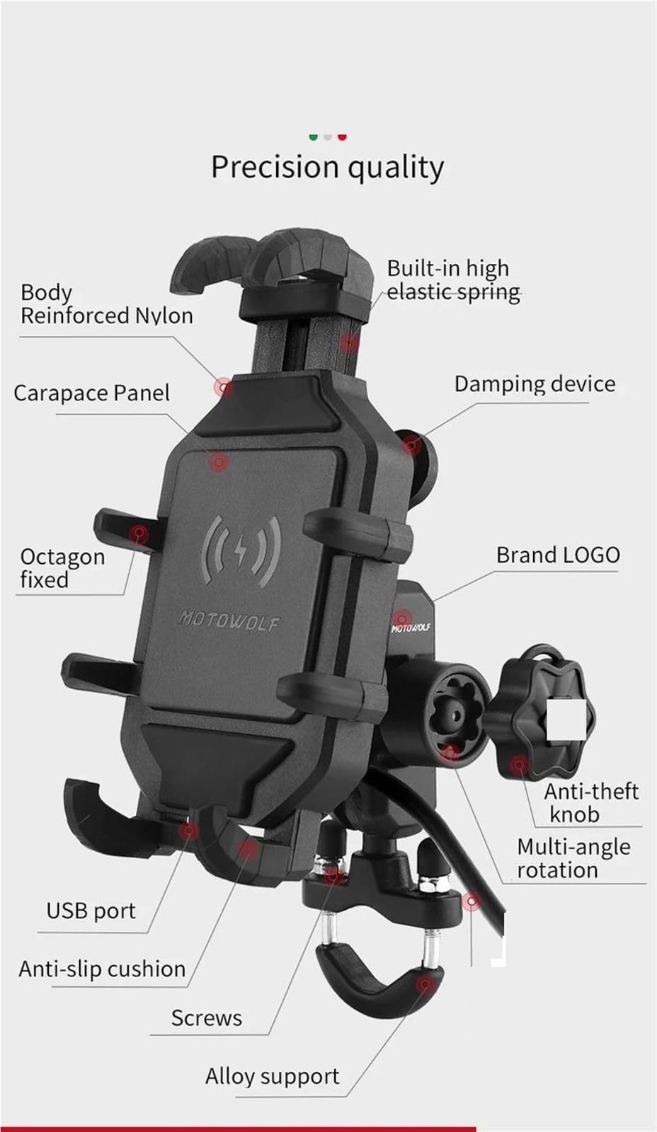 Soporte Móvil Bicicleta Soporte de teléfono inalámbrico para Motocicleta 3.0, Cargador rápido, GPS, para Manillar de 4 a 7 Pulgadas