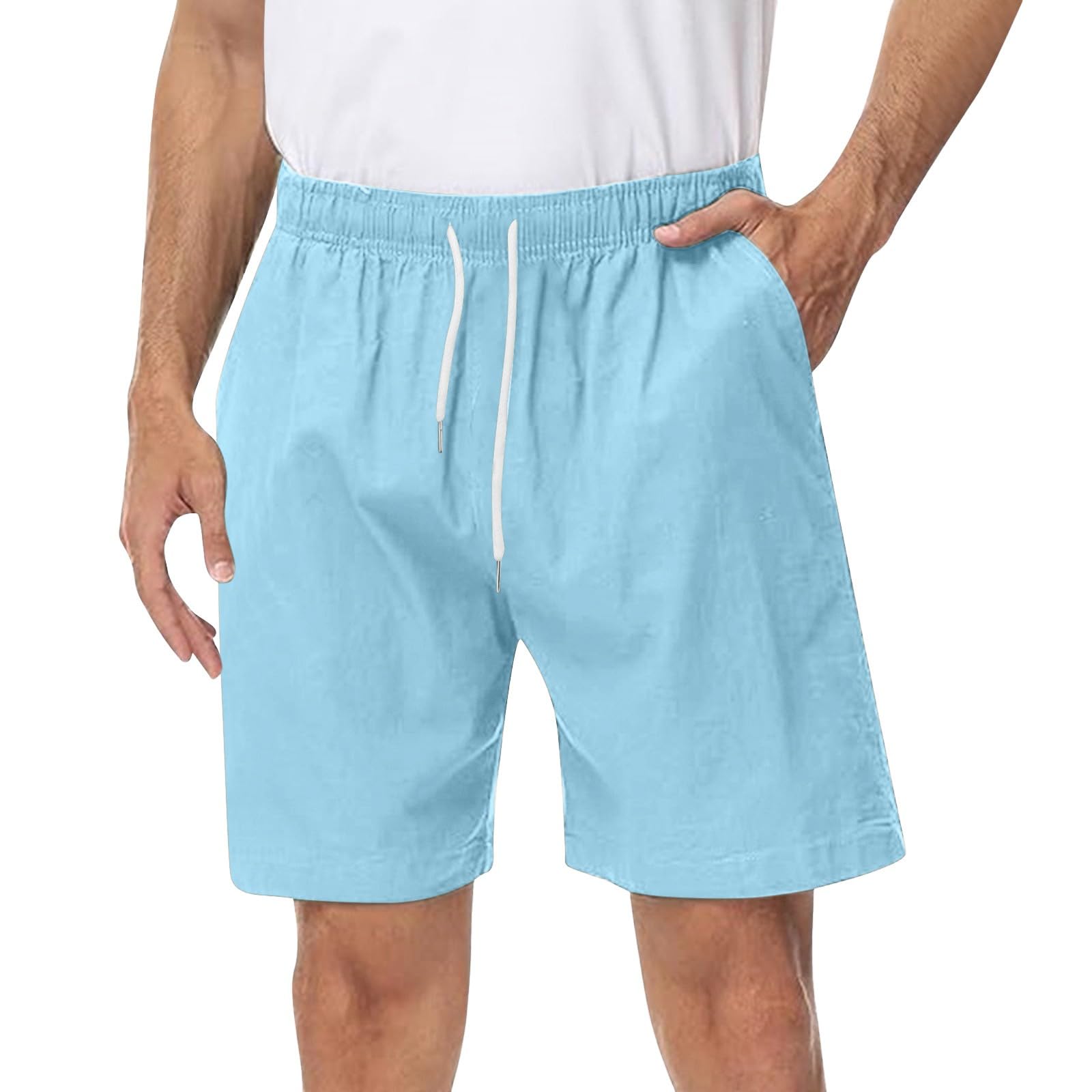 Men's Casual Summer Shorts Elastic Waist Comfortable Drawstring Loose Fit Beach Shorts with Pockets (Blue, XL)