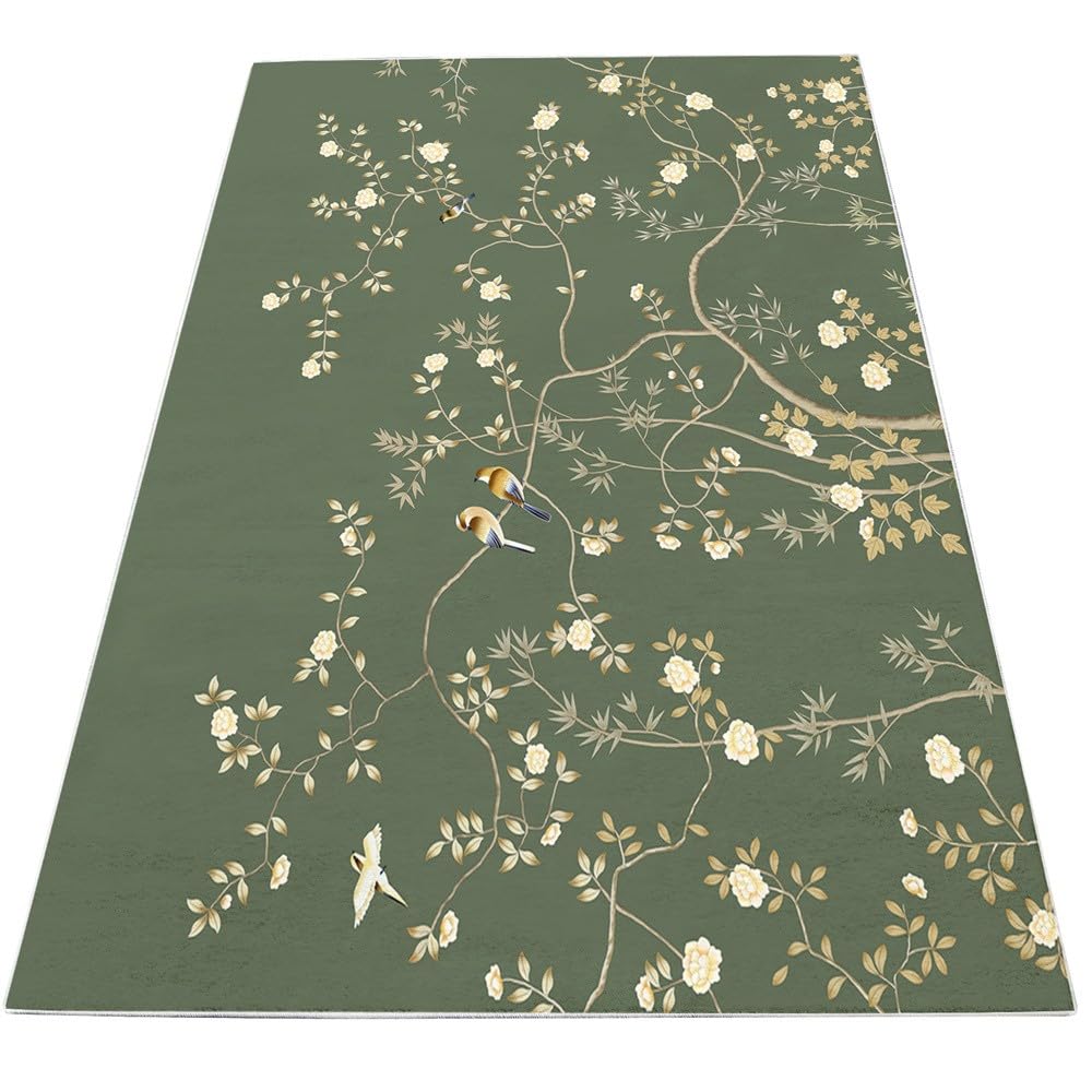 Area Rugs Tappeto soffice per camera da letto, morbido, in stile cinese, motivo floreale con viti e uccelli, tappeto antiscivolo, per soggiorno, balcone, decorazione per la casa, 140 x 200 cm