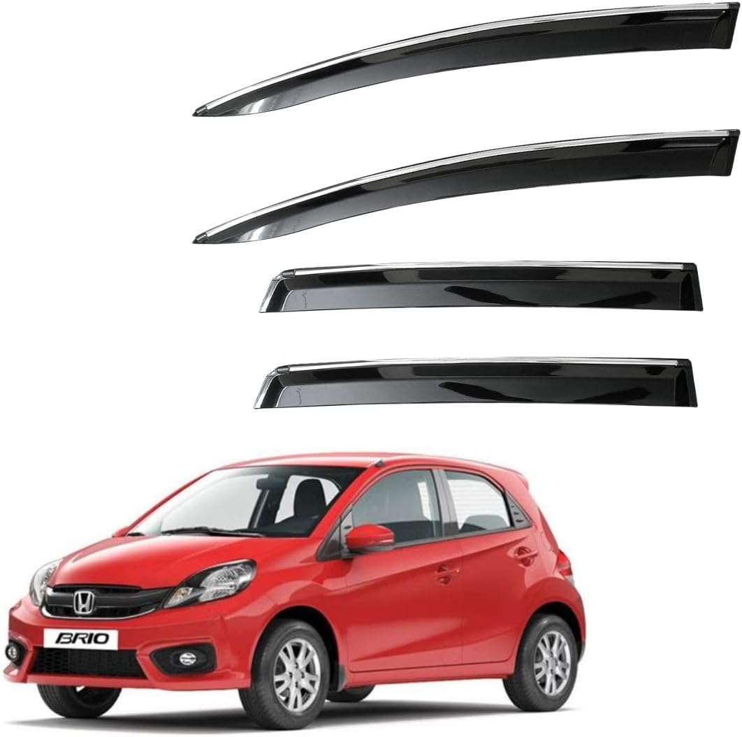 CAR SAAZ Unbreakable Chrome Smoke Door Visor for Brio (2011-2019)| Premium Sun, Rain Wind Deflector Chrome Strip Side Door Rain Visor – Set of 4 Pcs