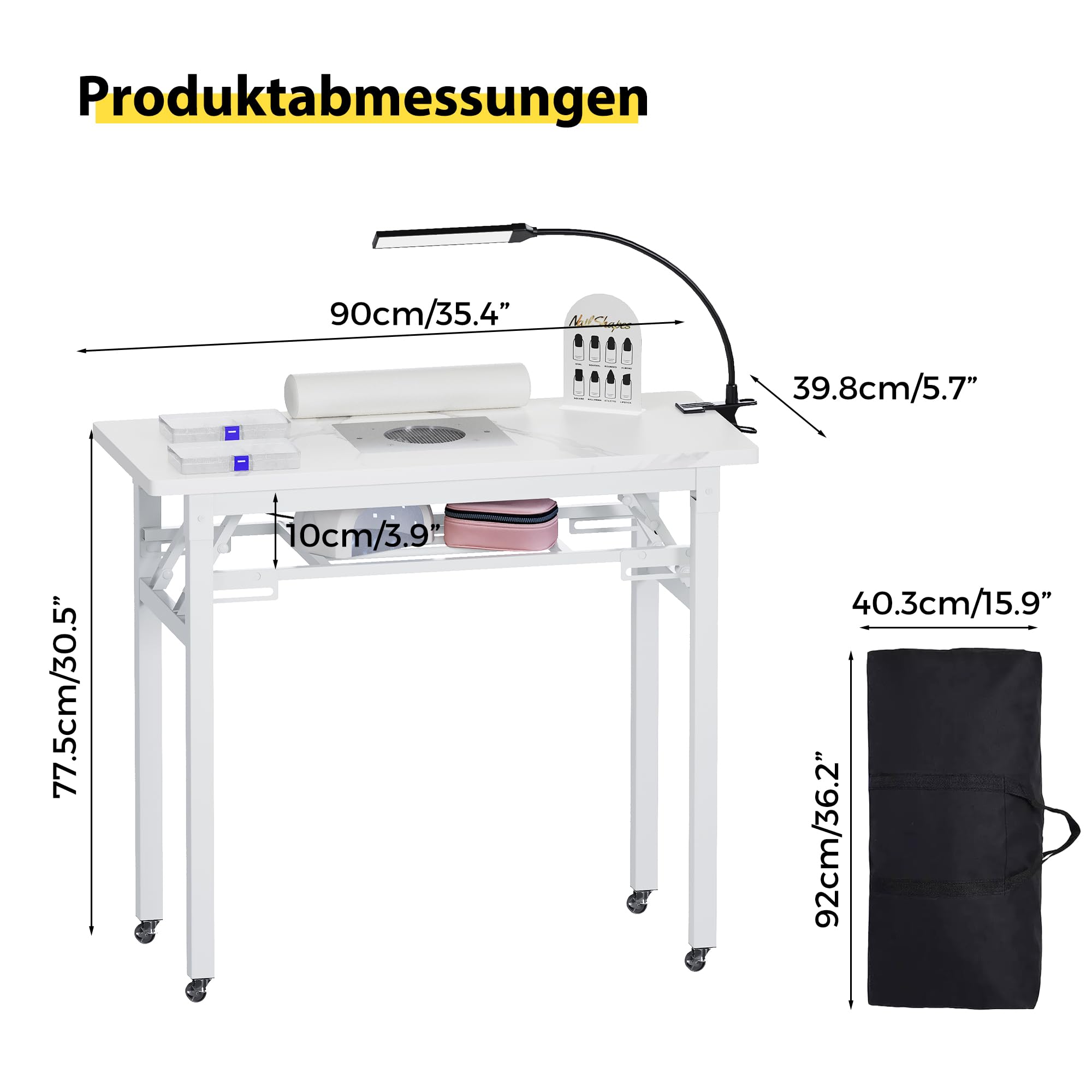Tragbarer Nageltisch mit Staubabsaugung und LED-Lampe, Klappbarer Manikürtisch mit Tragetasche, Handauflage, Organizer-Boxen & Nail Display, Profi Nagelstudio Tisch für Maniküre & Nageldesign,Weiß