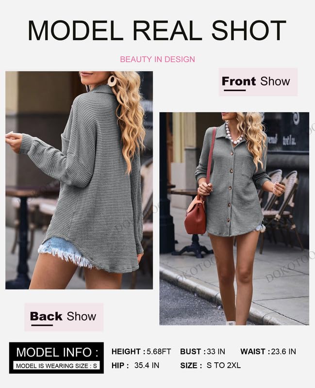 Image of Dokotoo Womens Waffle Knit Shacket Jacket Casual Button Down Shirts Tops | Long Sleeve,Loose Fit,Boyfriend Style,Collared V Neck,Fall Cardiga,Outwear with Pockets