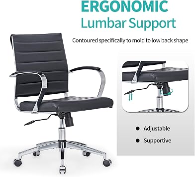 Mid-Century Modern Black Leather Office Chair with armrests, Adjustable Swivel Desk Chair for Home Office, Ergonomic Executive Chair